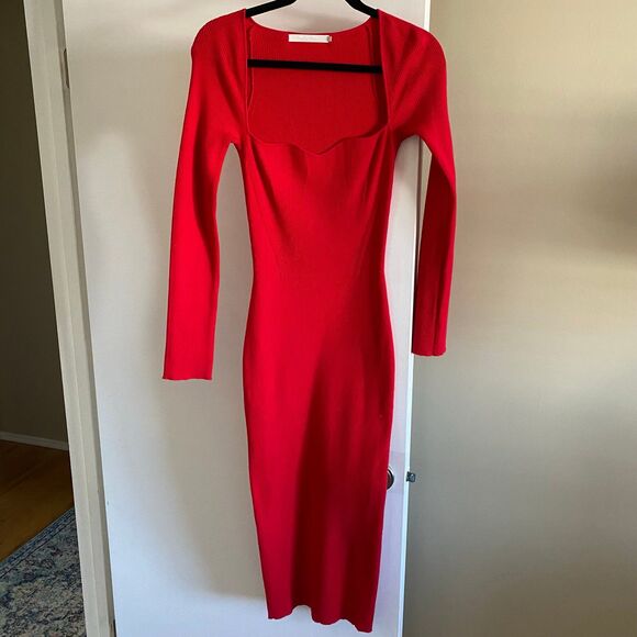 REVOLVE x One Grey Day Lakeyn Dress Red Medium Midi Sweatheart Ribbed Sweater - Picture 2 of 11